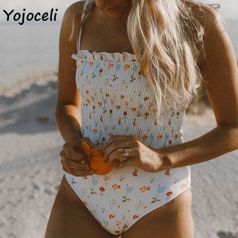 Yojoceli cute bow shirred bodysuit women foral print short beachwear bikini 210609