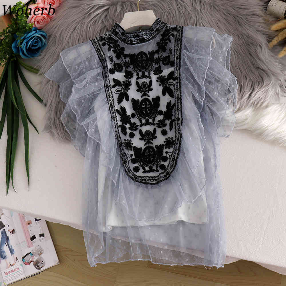 Elegant Floral Lace Shirt Women Sleeveless Mesh Blouses Sexy Korean Stand Collar Ruffle Office Lady Blusas Mujer 210519