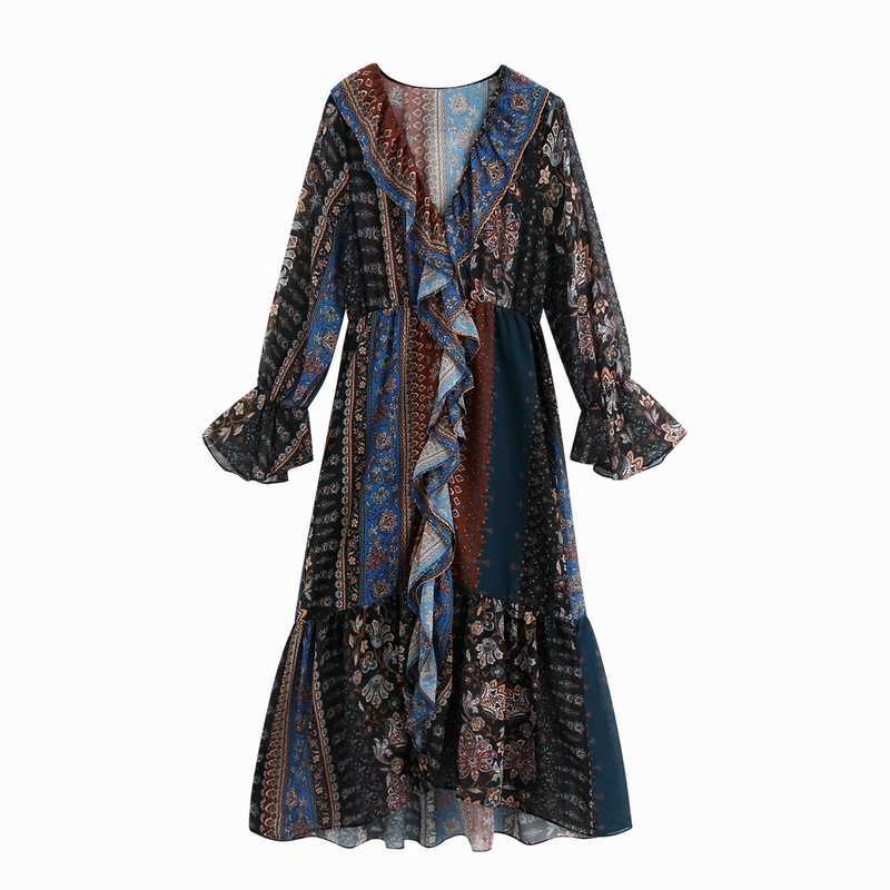 Vintage Women Dress Spring Fashion Prints Long Sleeve V-Neck Ruffles Modern Lady Mid-Calf Vestido 210602