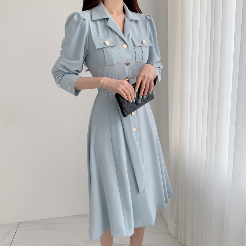 Elegant Single-Breasted Lapel Women Midi Dress Fashion Long Sleeve Belted Slim Waist Female Dress Workwear Vestidos 210518
