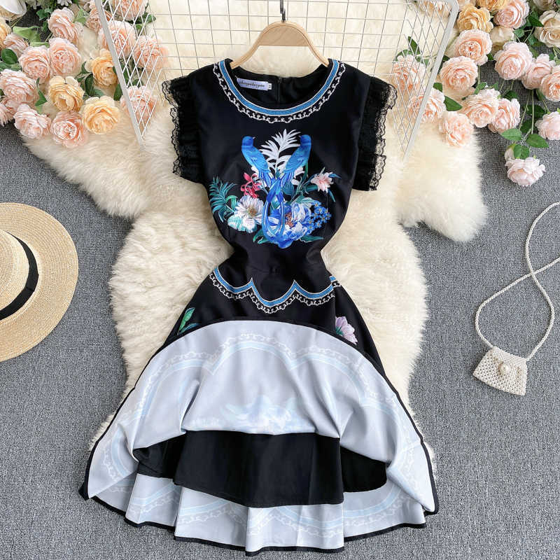 Women's Fashion Summer Sweet Lace Side Sleeveless Printed A-line Black Vest Dress Party Elegant Vestido De Mujer S281 210527
