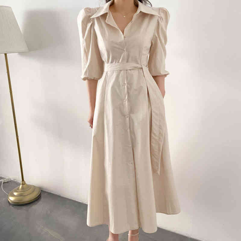 Nomikuma Causal Women Blouse Dress Lace Up Slim Waist Elegant Korean Dresses Puff Sleeve Single Breasted Vestidos De Mujer 6H074 210427