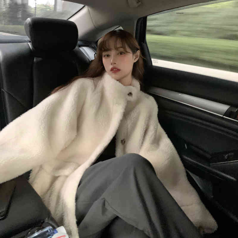 autumn and winter korean style solid color lamb Fur wool warm coats and vintage jackets womens (C2929) 210423