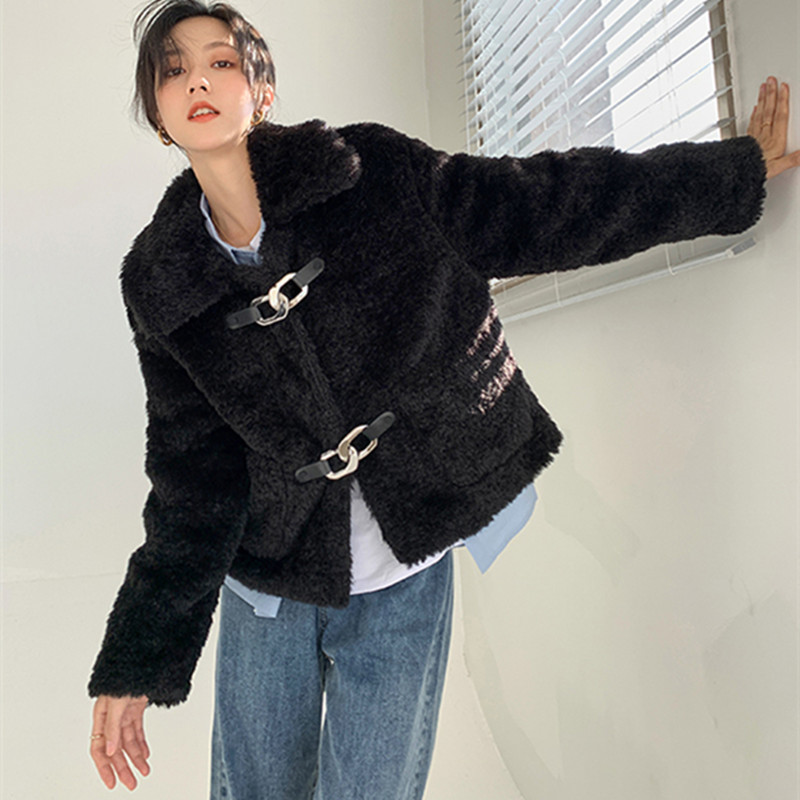 Autumn Winter OL Single-breasted Faux Rabbit Fur Jacket Women Outwear Solid Loose Lapel Thick Warm Plush Coat Female 210421