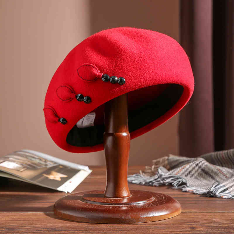 Buta Autumn Winter Beret Women's British Wool Felt Hat Fashion Nail Bead Elegant Top Pt1050