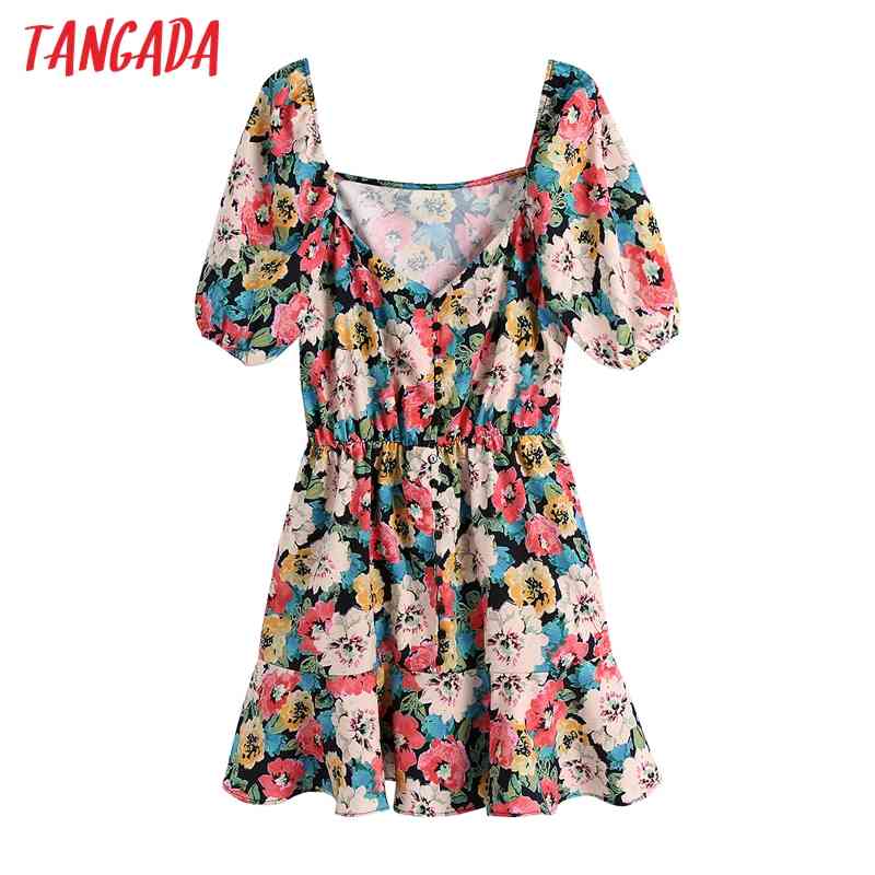 Summer Women Floral Print Mini Dressv Neck Sleeve Ladies Short Dress Vestidos BE509 210416