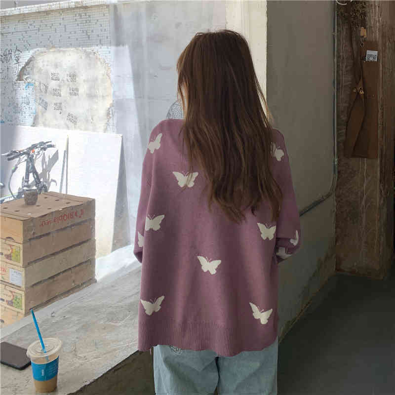 Nomikuma Women Sweater Coat Korean Cartoon Butterfly Long Sleeve Knitted Jakcet Autumn Winter Causal O-neck Cardigans 6C001 210427