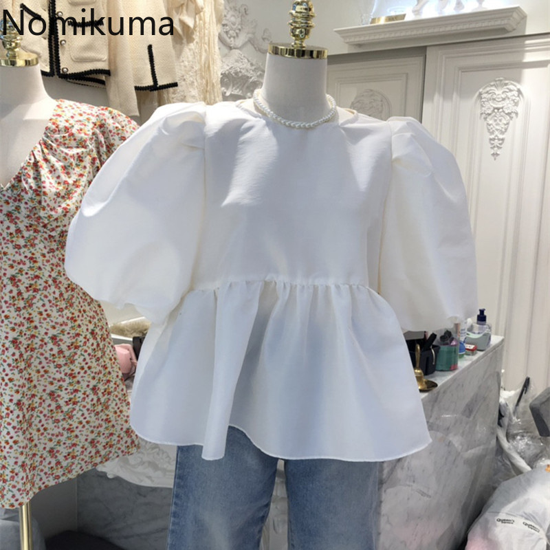 Nomikuma Women Sweet Doll Shirt Causal O-neck Puff Short Sleeve Blusas Femme Spring Summer New Korean Blouse Tops 6F188 210427