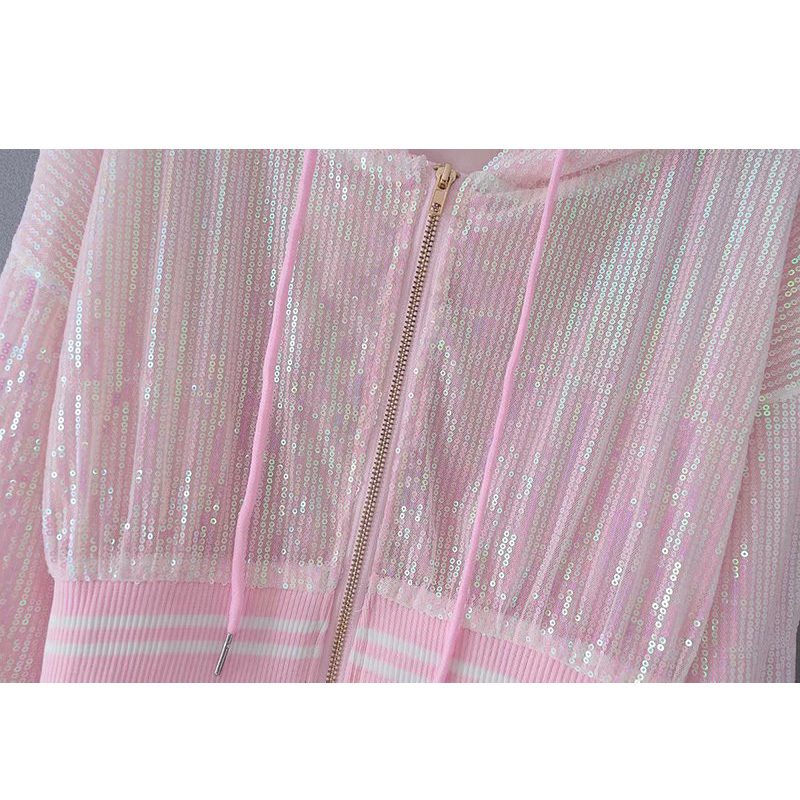 Black silver Women's jacket autumn sunscreen sports hooded jacket sequins pink zipper sweet long sleeve short coat female 210507