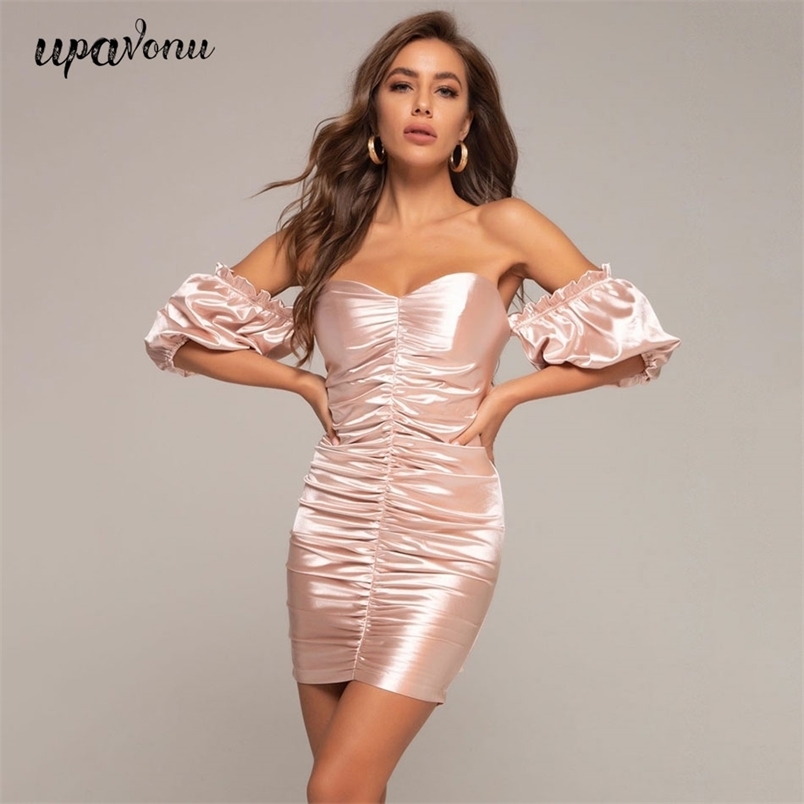 Free Women Mini Dress Sexy Strapless Lantern Sleeve Draped Bodycon Club Nightclub Party Vestidos 210524