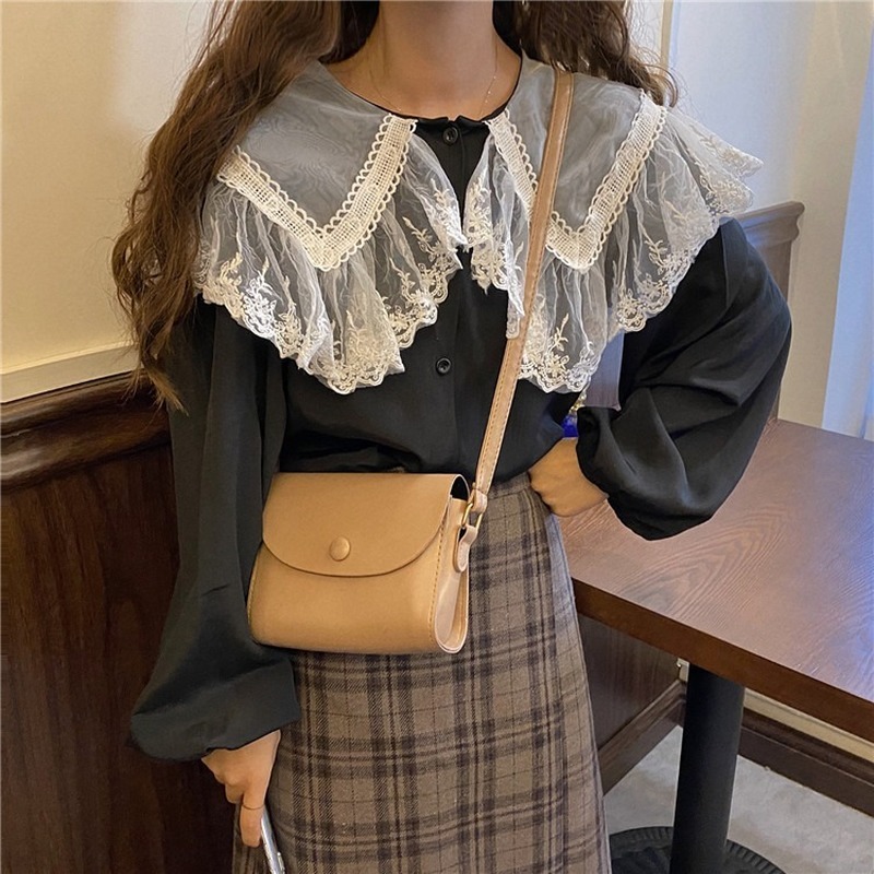Casual Sweet Blouse Women Cute Lace Chiffon Shirt Peter Pan Collar Korean Chic Ladies Tops Puff Sleeve Vintage 11767 210506