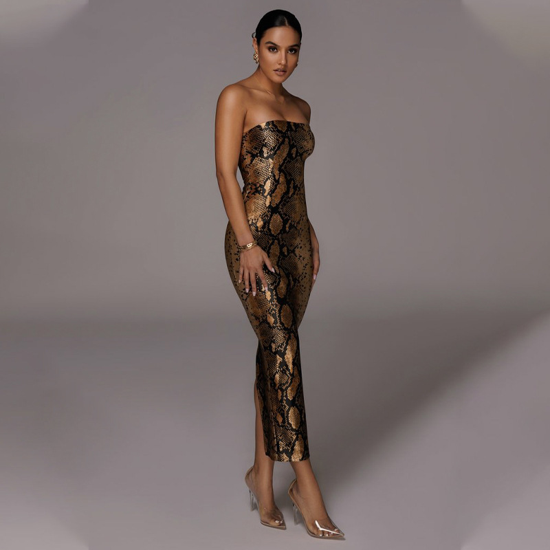 Sexy Strapless Snake Printed Maxi Dress Women Sleeveless Wrap Hip Slit Bodycon Summer Backless Club Party es 210522