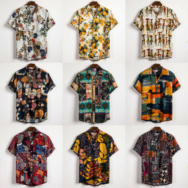 Linen Short Sleeve Shirt Men Summer Floral Loose Baggy Casual Hawaii Holiday Beach Shirt Tee Tops Buttons Blouse National Style 210410