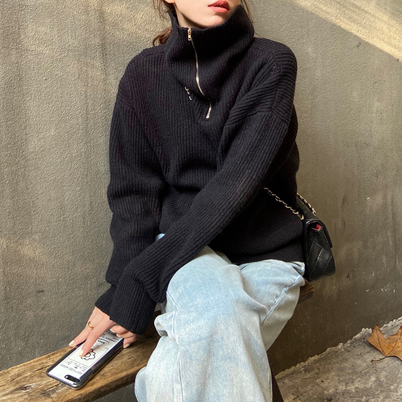 3 Colors Autumn Winter Korean style Knitted Sweaters Women Loose zipper Turtleneck Warm Sweater Female Jumpers (F1474 210423