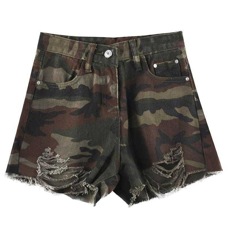 Summer Street Style Sexy Biker Denim Shorts High Waisted for Women Plus Size Camouflage Button Casual Hole Short 210714