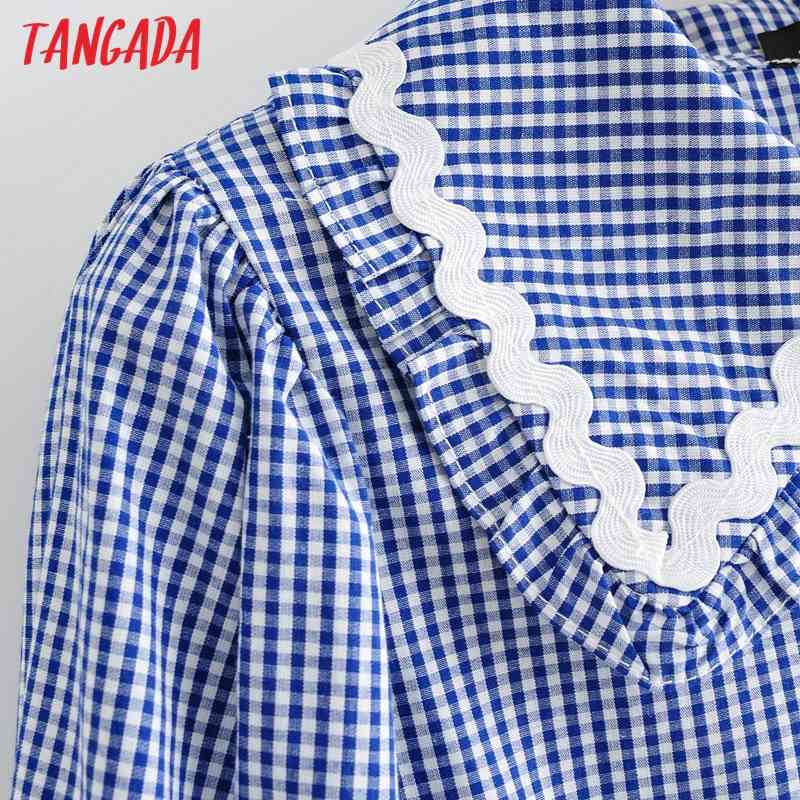 Women Retro Lace Patchwork Blue Plaid Blouse Long Sleeve Chic Female Shirt Tops YI13 210416