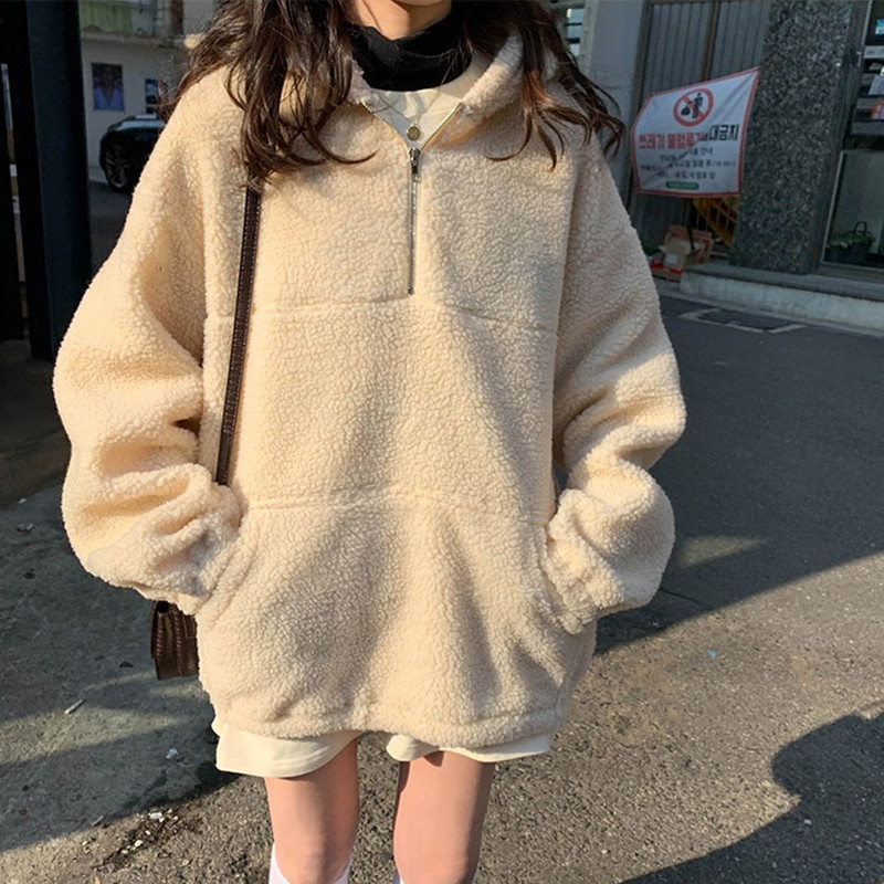 autumn and winter Korean style vintage lamb fur thicking hoodies womens loose sweatshirts and pullovers (X1236) 210423