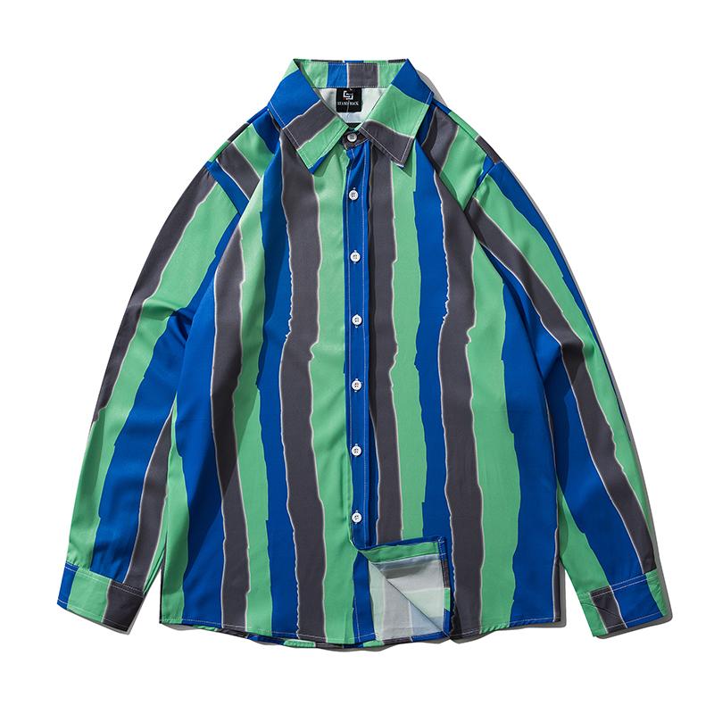 Autumn Men's Retro Striped Printed Shirt Casual Long-sleeved Hip-hop Loose Street Shirts