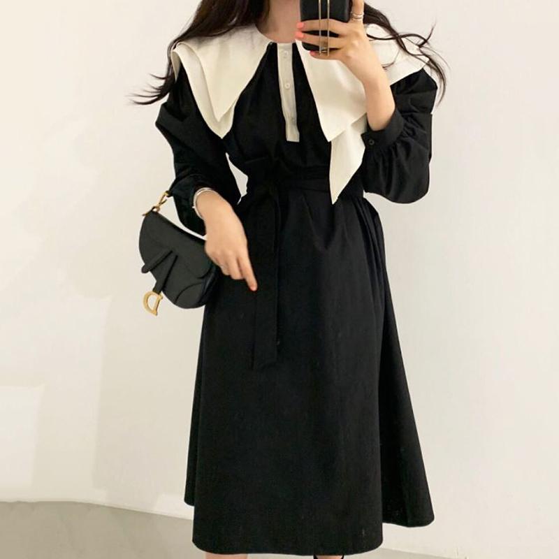 Casual Dresses Big Swing Mid Puff Sleeve Lapel Irregular Black Dress Women Belt High Waist Vestido Doll Vintage Full Autumn Korean, Black;gray
Casual Dresses Big Swing Mid Puff Sleeve Lapel Irregular Black Dress Women Belt High Waist Vestido Doll Vintage Full Autumn Korean, Black;gray