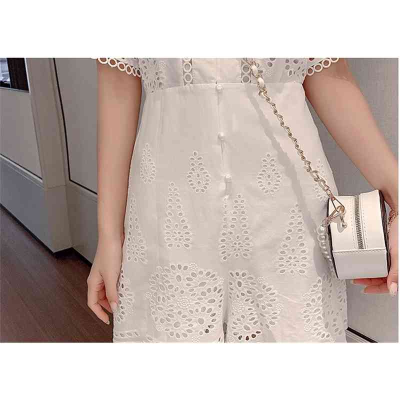 White Lace Hollow Out Embroidery Jumpsuit For Women Fashion Short Sleeve Slim Waist Summer Beach 210520