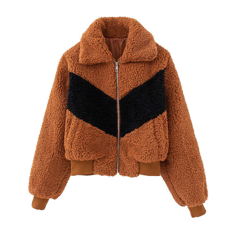 Women Lamb Hair Parka Autumn Winter Thick Short Jacket Casual Patchwork Stand Collar Outwear Female Brown 210628