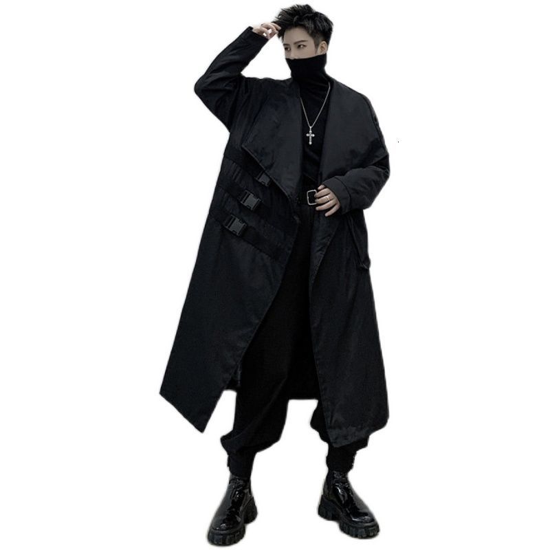 IEFB Big Lapel Black Long Trench Coat For Men Spring Carabiner Decorative Pockets Loose Big Size Windbreaker 9Y4708 210524