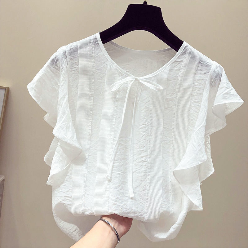Summer Retro Women Chiffon Blouses Chic Short Sleeve Ruffles Solid Elegance Sweet All Match Girls Shirts Blusas25934 210519