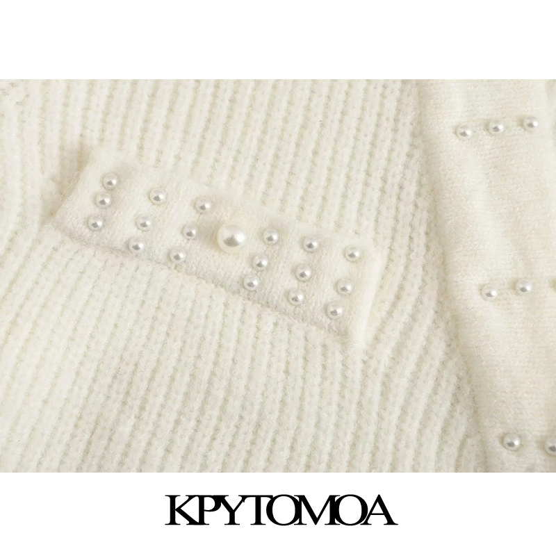 Women Fashion Faux Pearl Beading Cropped Knitted Cardigan Sweater Long Sleeve Female Outerwear Chic Tops 210420