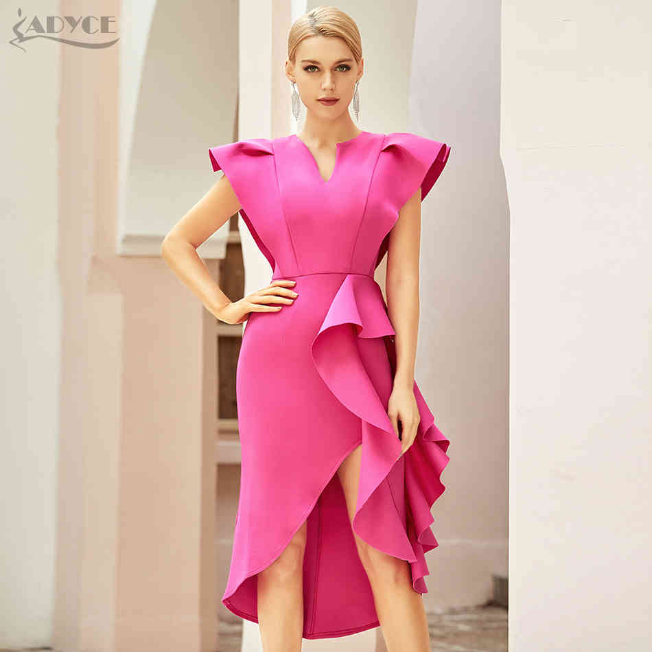 Winter Women Fashion V Neck White Ruffles Club Dress Sexy Short Sleeve Knee Length Celebrity Runway Size XL 210423