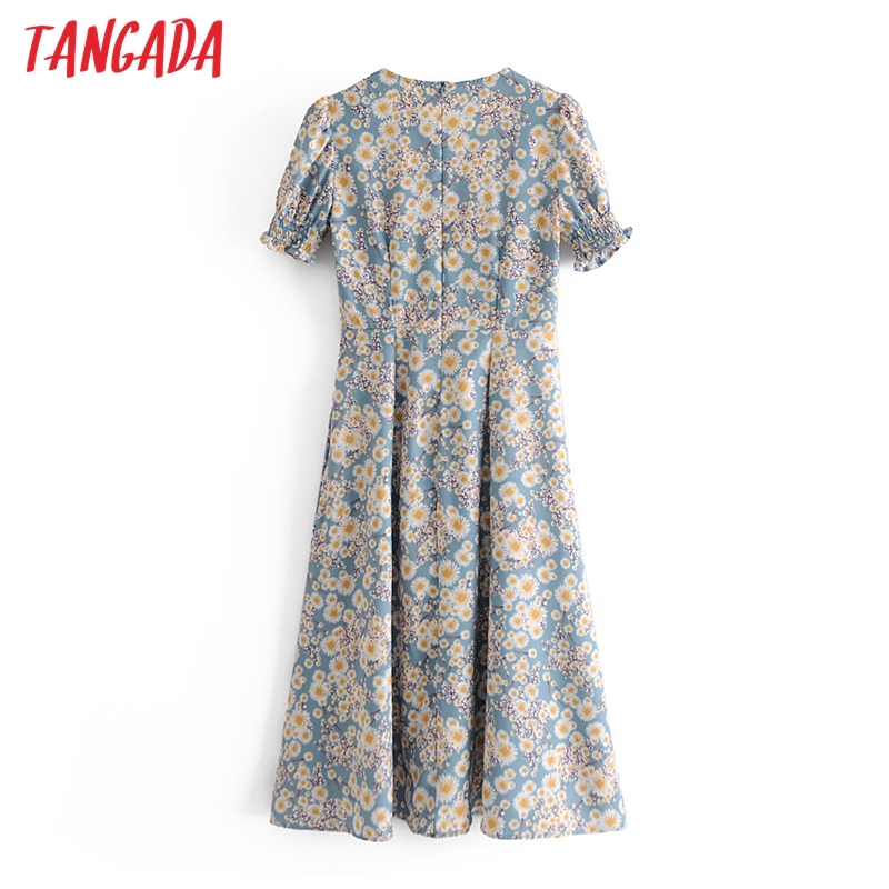 Summer Women Dots Print Midi Puff Short Sleeve Ladies Dress Vestidos 3A32 210416