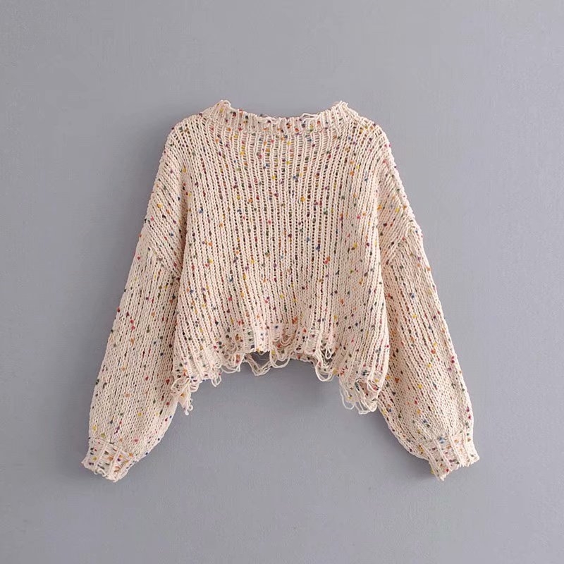 Irregular hollow polka-dot knitted sweater jumps short crop fall winter round neck loose oversized lantern sleeve pullovers tops 210508