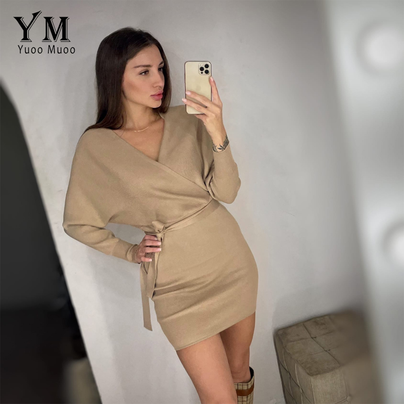 YuooMuoo Autumn Winter Women Knitted Sweater Dress New Korean Long Batwing Sleeve V Neck Elegant Dress Ladies Bandage Dress 220310