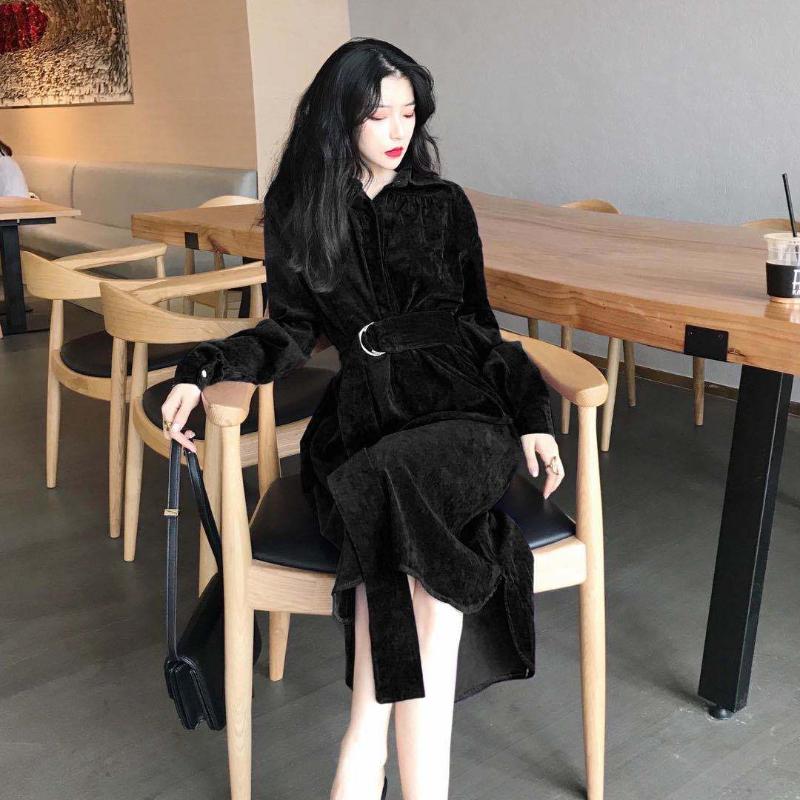 Casual Dresses 2021 Autumn Winter Women Corduroy Purple Dress Korean Style Solid Color One Piece Long Chic Slim Fit Sleeve Vestidos