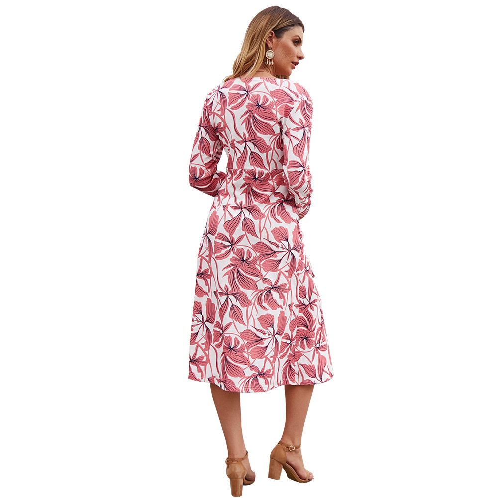 Women Dress V-neck Long Sleeve Drawstring Printing Dresses Plus Size Vintage Sexy 210513