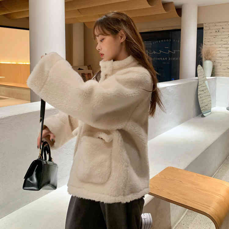autumn and winter korean style solid color lamb Fur wool warm coats and vintage jackets womens (C2929) 210423