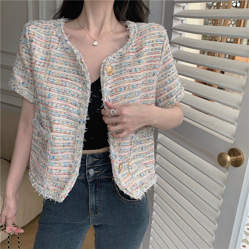 Tweed Summer Short Sleeve Women Coat Elegant Causal Cardigan Jacket Korean Single Breasted Outwear 210519