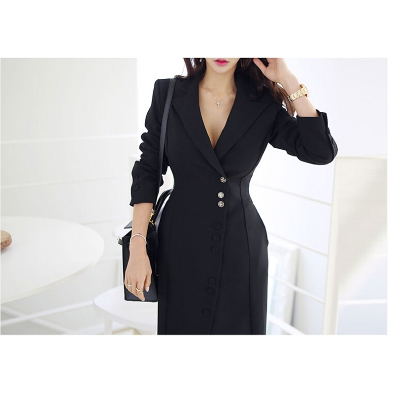 Korean Dress Women's Office Black Chic Long Sleeve Single-Breasted Autumn Elegant es Vestidos 210520