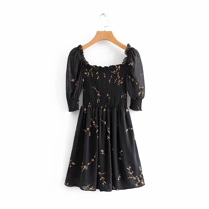 Summer dress bohemian vintage flroal black mini kawaii boho chiffon beach korean short sleeve casual 210521