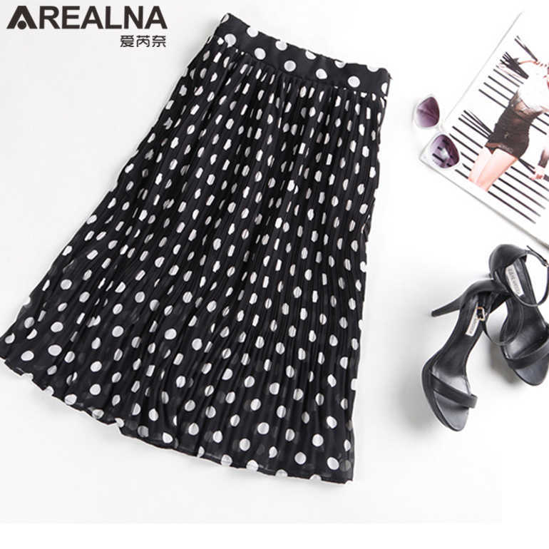Black White Women's Tulle Polka Dot Chiffon Pleated Skirt Summer s Womens Plus Size Harajuku Korean Midi Flared Women 210619