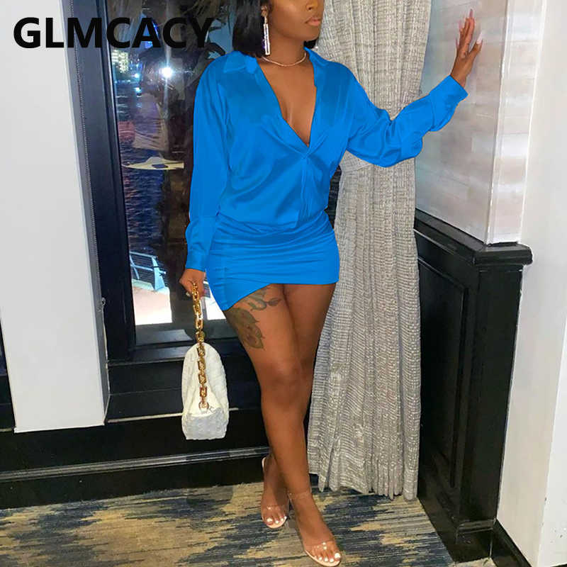 Long Sleeve Satin Bodycon Shirt Dress Elegant OL Mini Dress 210702