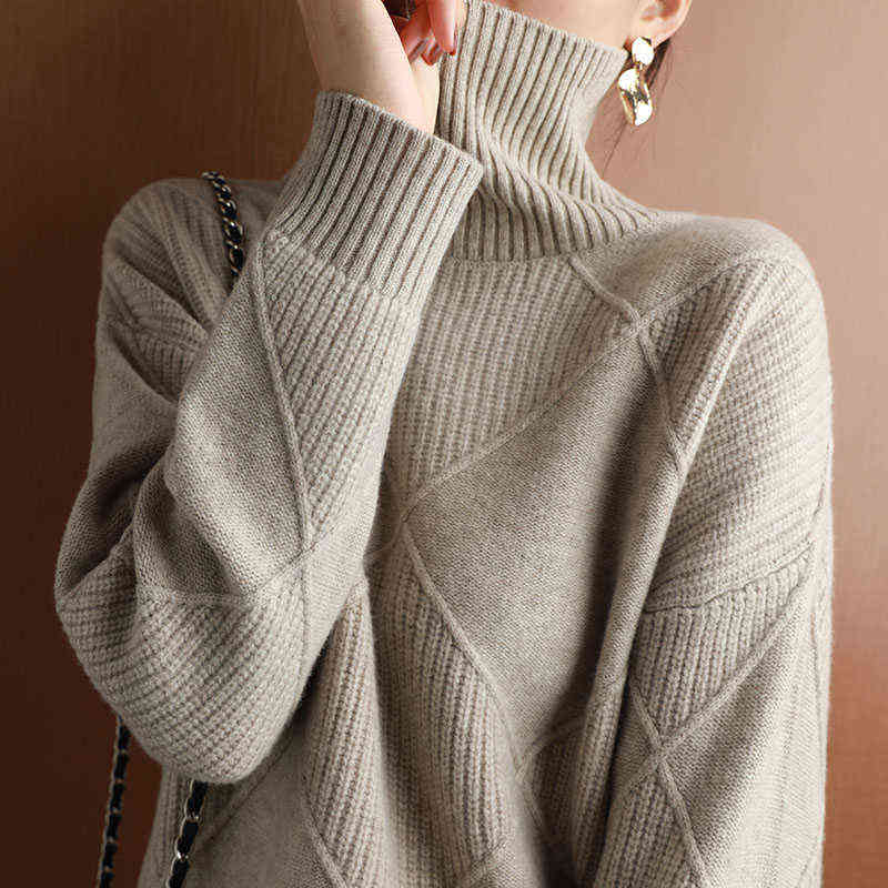 Cashmere sweater women turtleneck sweater pure color knitted turtleneck pullover 100% pure wool loose large size sweater women 211109