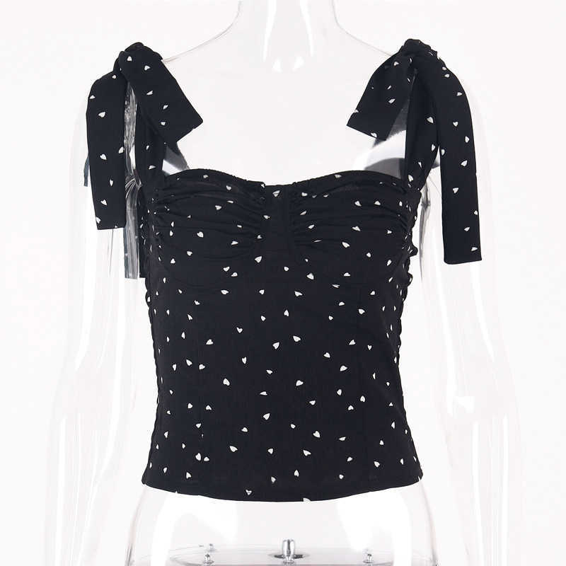 Black Bandage Slash Neck Off-shoulder Heart Shape Print Camis Summer Lady Slim Fit Sexy Short Crop Tops Pleated Club Streetwear 210604