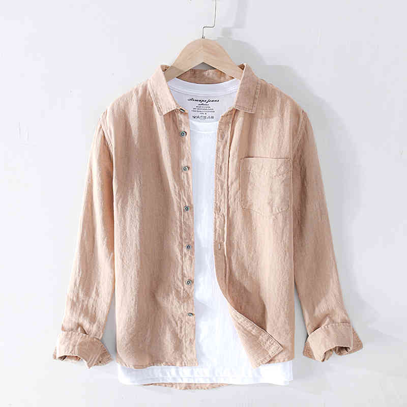 Pure Linen Shirts for Men Long Sleeve Casual Turn-down Collar Basic Classic Tops Male Fashion Solid Color Retro Clothing 210410