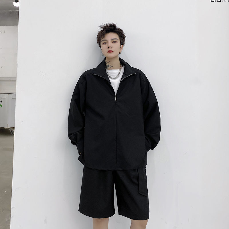 IEFB Spring Men's Wear Stand Collar Zipper Loose Causal Pullover Long Sleeve Shirt + Shorts With Belt Suit Two Pieces Set 210524