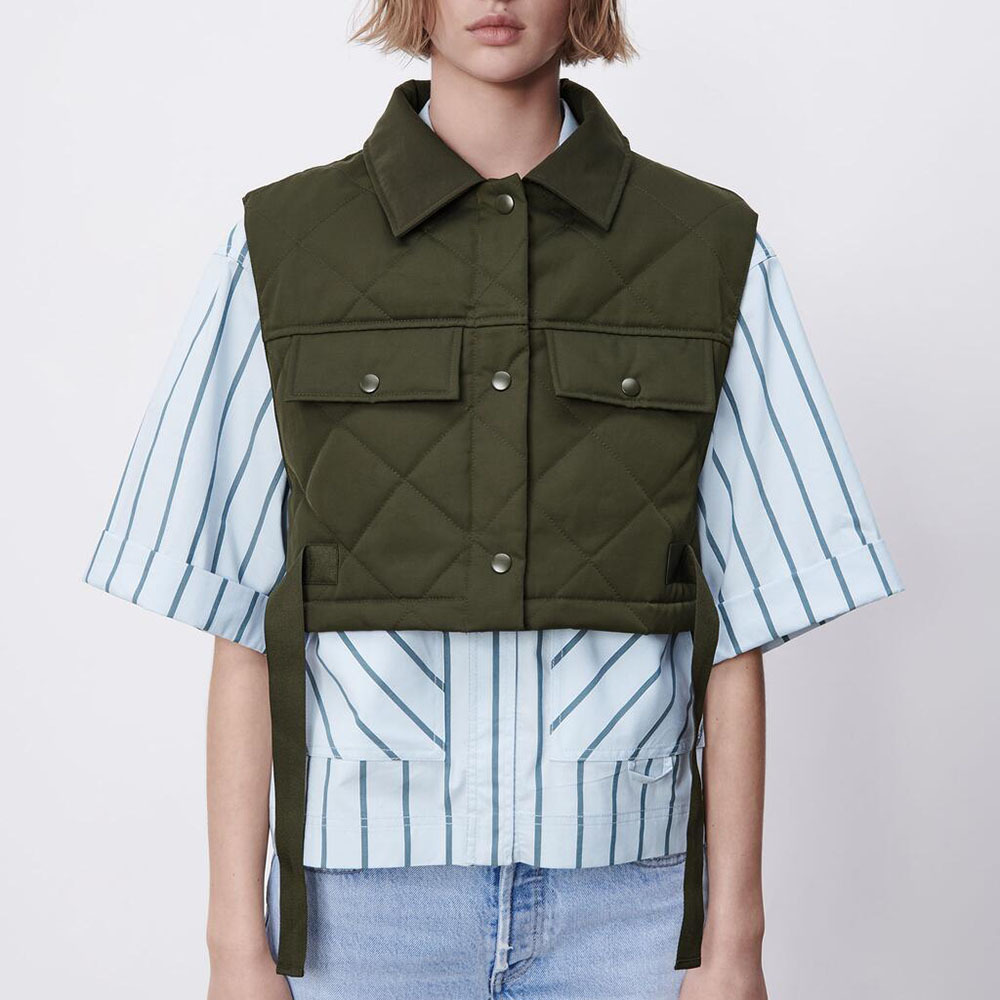 BBWM Women Green Pocekts Quilting Cropped Vests Fashion Side Buttons Tie Turn-down Collar Waistcoat Streetwear 210520