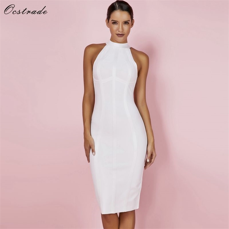 Ocstrade Sexy Women White Bandage Dress New Arrivals Striped Halter Midi Bodycon Dress High Quality Bandage Rayon Dress 210331