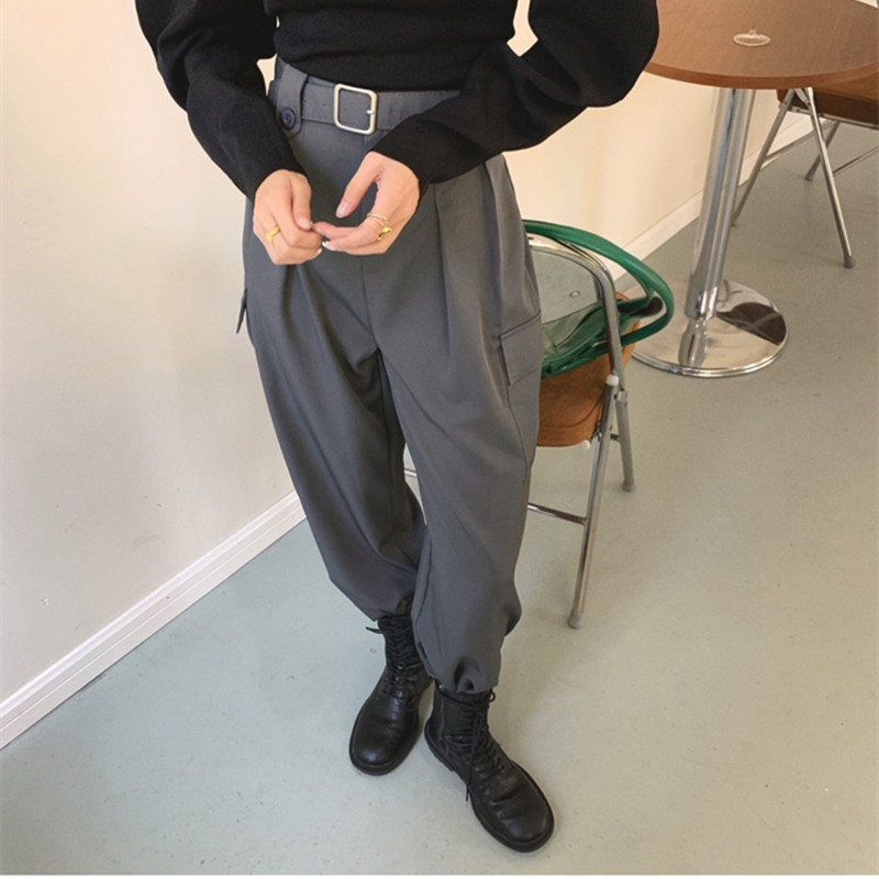 OL Minimalist High Waist Overalls Pants Women Spring Fall Casual Sportswear Waistband Cargo Suit Trousers 210421