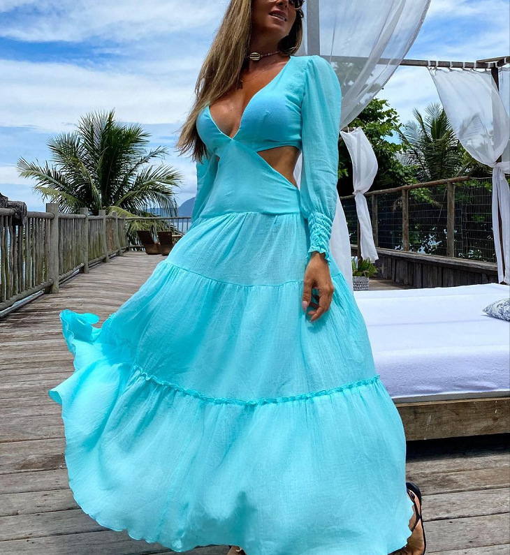 Women Dress Long Sleeve V-neck Hollow Out Sexy Beach Dresses Plus Size Vintage Summer 210513