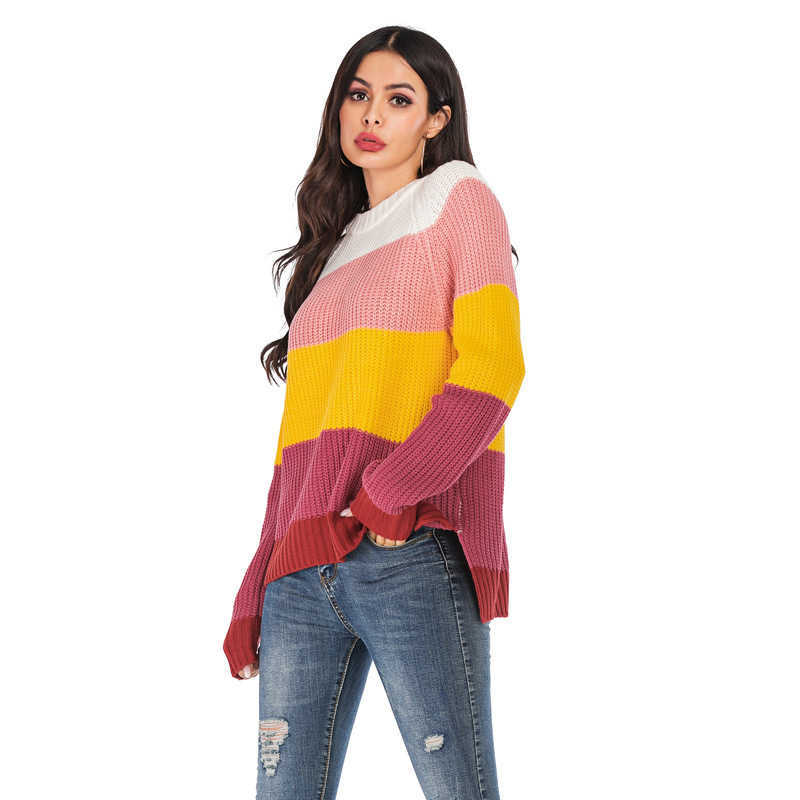 Winter Clothes Women Loose Casual Knitted Pullover Long Sleeve Striped Patchwork Sweater Girl Green Warm Crew-Neck 210604