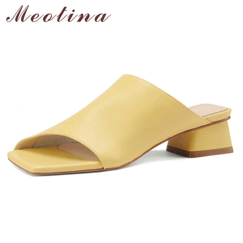 Meotina Slippers Shoes Women Natural Genuine Leather Sandals Med Heel Sandals Square Toe Chunky Heel Lady Footwear Summer Yellow 210608 
Meotina Slippers Shoes Women Natural Genuine Leather Sandals Med Heel Sandals Square Toe Chunky Heel Lady Footwear Summer Yellow 210608